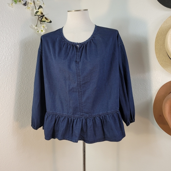MADEWELL NAVY BLUE 100% COTTON WOMEN'S Denim BLOUSE RUFFLESLONG SLEEVES SZ SMALL - Picture 10 of 11